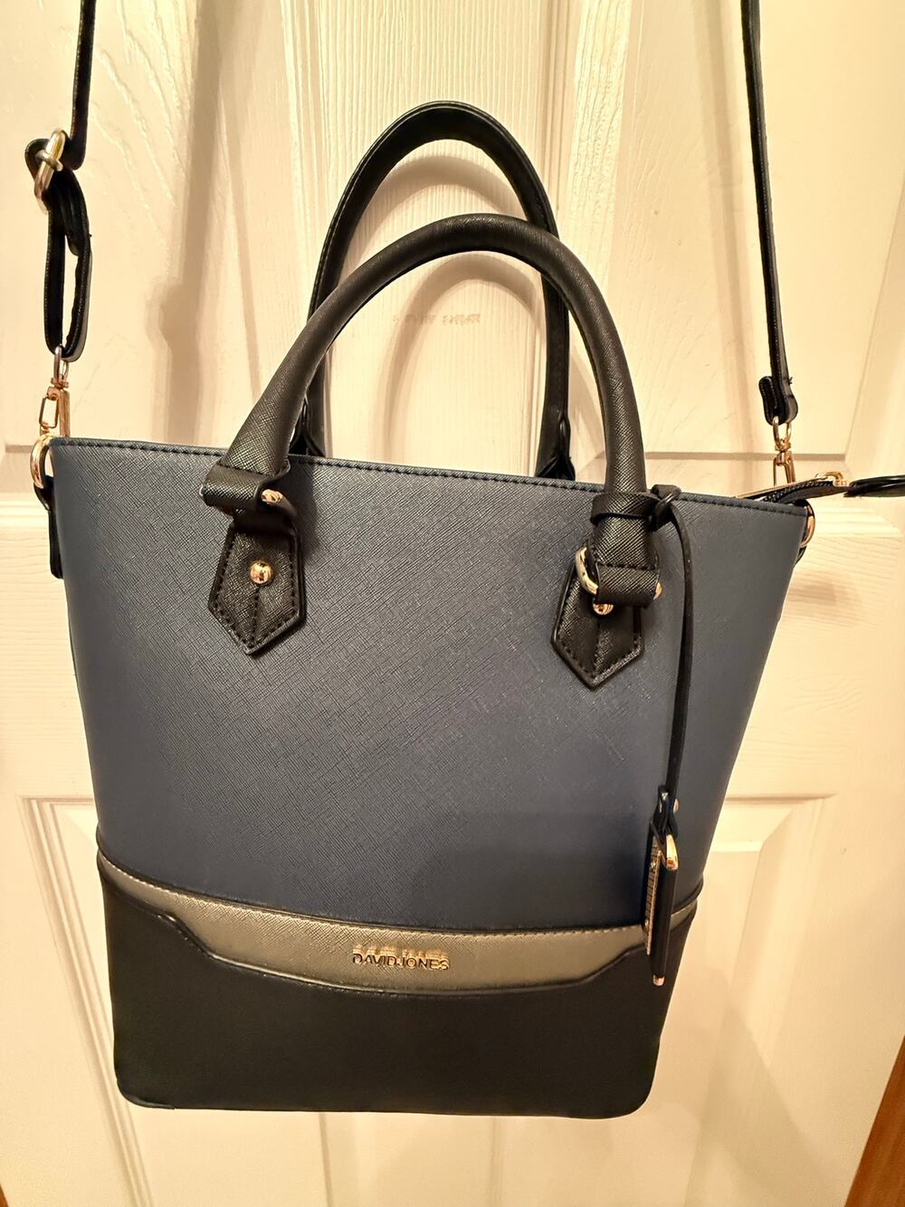 David Jones Paris colorblock satchel tote bag structured trapezium silhouette.